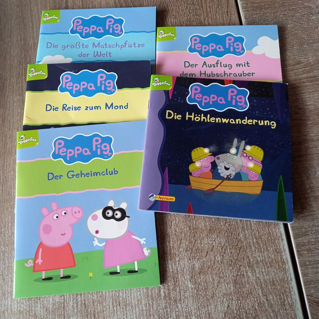 5 Hefte von Peppa Pig 1 Die größte Matschpfütze der Welt 2 Die Reise zum Mond 3 Der Geheimclub 4 Der Ausflug mit dem Hubschrauber 5 Die Höhlenwanderung