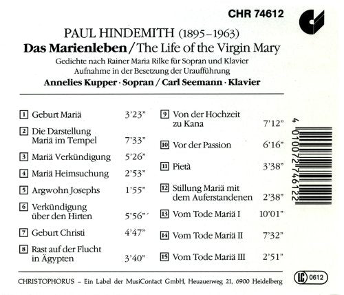 Paul Hindemith: Das Marienleben - Gedichte nach Rainer Maria Rilke für Sopran und Klavier