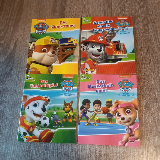 Paw Patrol 4 Mini Hefte  Die Zugrettung 2 Das Fussballspiel  3 Schneller als die Feuerwehr 4 Das Basketballspiel