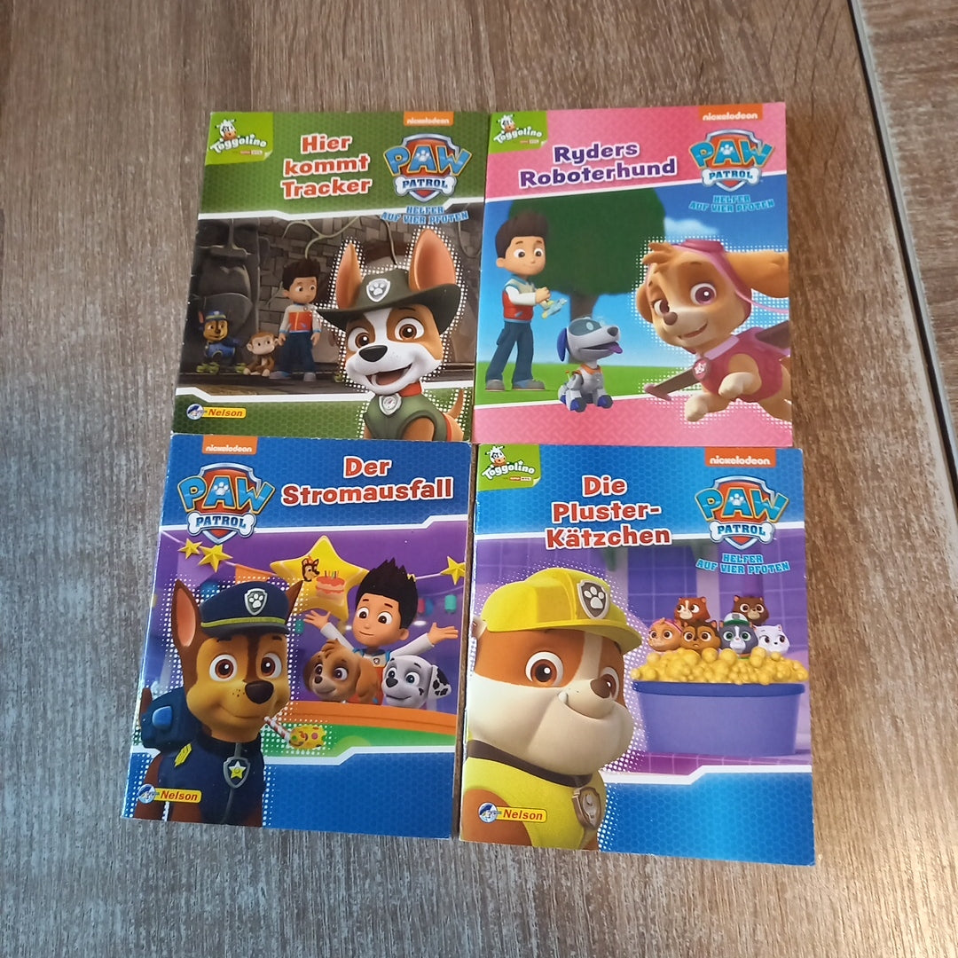 Paw Patrol 4 Mini Hefte 1 Hier kommt Tracker 2 Der Stromausfall 3 Ryders Roboterhund 4 Die Plusterkätzchen