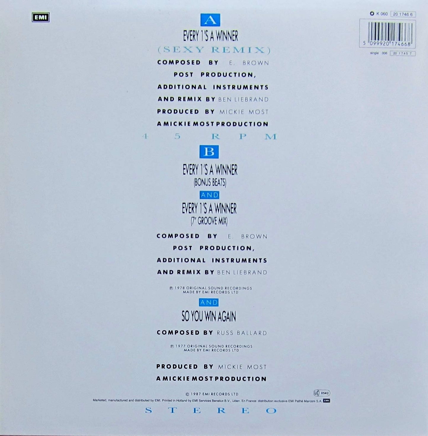 Every 1's a winner (Sexy Remix, 1987) [Vinyl Single]