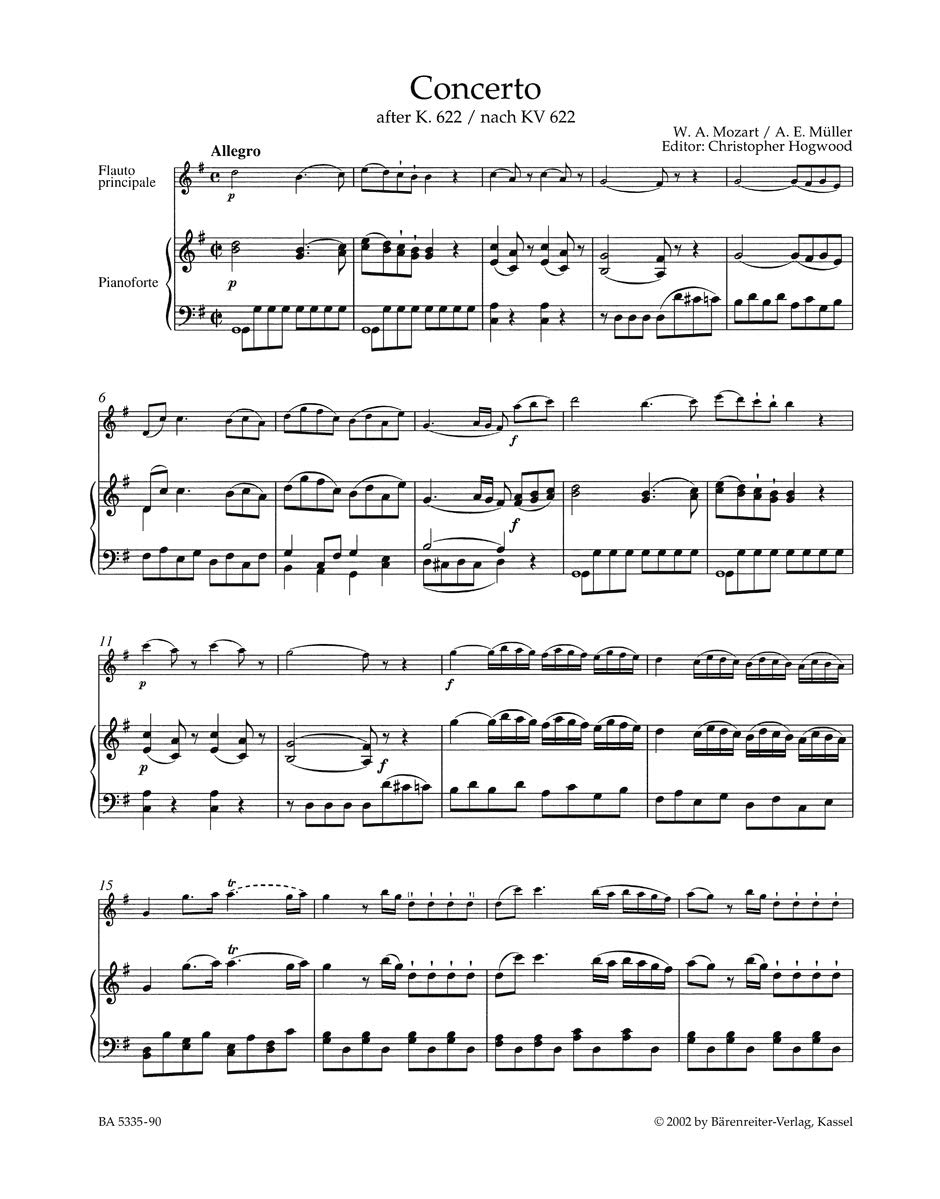 Konzert für Flöte und Orchester G-Dur (1801) -In einer Bearbeitung von A. E. Müller nach dem Klarinettenkonzert KV 622-. Klavierauszug, Stimmen, Urtextausgabe