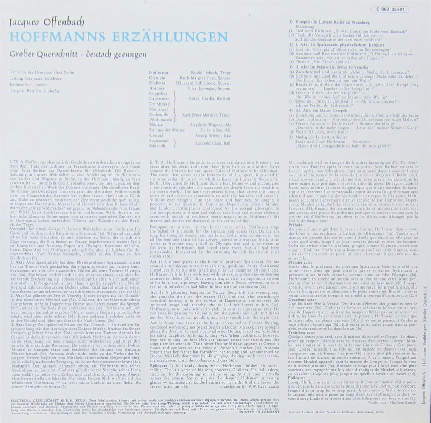 OFFENBACH, JACQUES / HOFFMANNS ERZÄHLUNGEN / GROSSER QUERSCHNITT / DER CHOR DER DEUTSCHEN OPER BERLIN BERISLAV KLOBUCAR / Bildhülle / EMI # 1C063-28501 / Deutsche Pressung / 12" Vinyl Langspiel Schallplatte