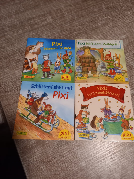 4 x Pixi 1   Pixi bekommt Besuch   2 Pixi hilft dem Waldgeist  3 Schlittenfahrt mit Pixi    4 Pixis Weihnachtsbäckerei