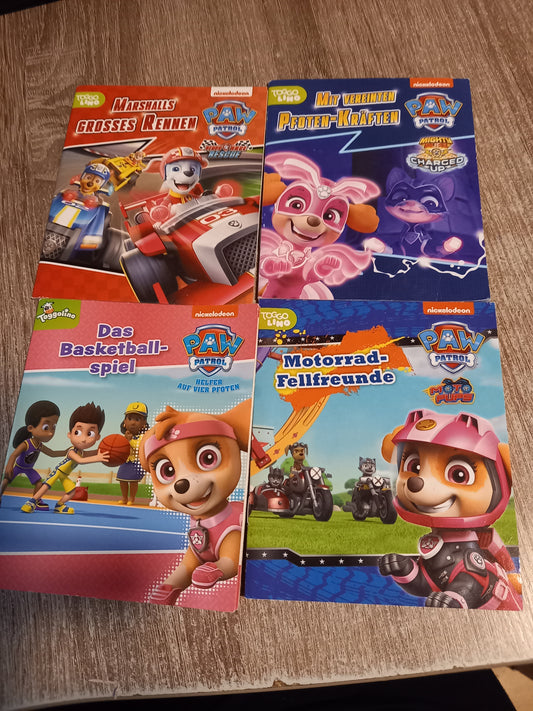 4 Hefte von Paw Patrol 1 Marshalls großes Rennen 2 Mit vereinten Kräften 3 Das Basketball Spiel 4 Motorrad Freunde