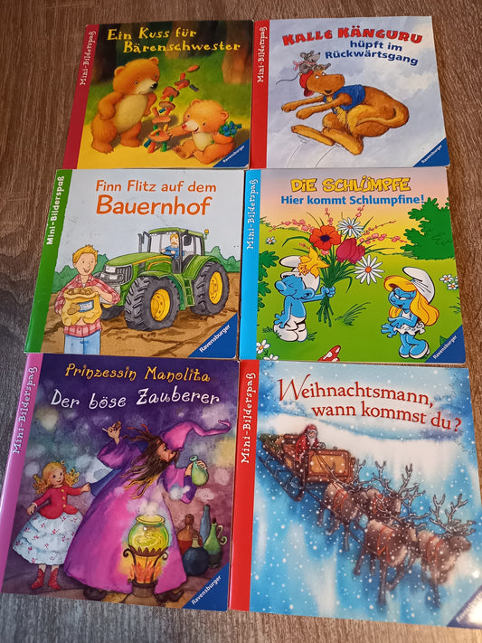 6 X Mini Bilderspass 1 Ein Kuss für Bärenschwester 2 Kalle Känguru hüpft im Rückwärtsgang 3 Finn Flitz auf dem Bauernhof  4 Hier kommt Schlumpfine 5 Prinzessin Manolita Der böse Zauberer 6 Weihnachtsmann wann kommst du