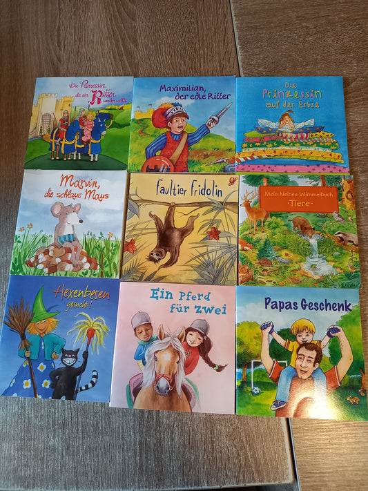 9 Mini Hefte 1 Die Prinzessin die ein Ritter werden wollte 2 Maximilian der edle Ritter 3 Die Prinzessin auf der Erbse 4 Marvin die schlaue Maus 5 Faultier Fridolin 6 Mein kleines Wimmelbuch Tiere 7 Hexenbesen gesucht 8 Ein Pferd für zwei 9 Papas Geschenk