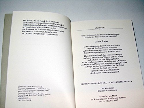 Friedenspreis des Deutschen Buchhandels 1987: Hans Jonas; Ansprachen aus Anlaß der Verleihung.