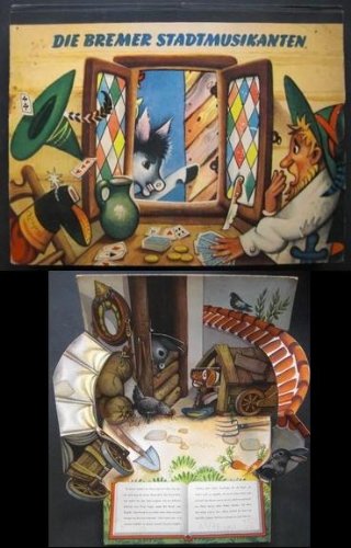 Die Bremer Stadtmusikanten. (Entwurf und Farbbilder von V. Kubasta / Kubarta) Gezeichnetes Bilderbuch mit aufklappbaren Figuren, ein sog. "Kulissenbilderbuch". Mit 8 "Pop Up" Szenen und einem (beweglichen) Schiebebild auf dem Einband vorne.