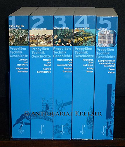 Propyläen Technik-Geschichte: Band 1. 750 v.Chr. bis 1000 n.Chr.: Landbau und Handwerk; Band 2. 1000 bis 1600: Metalle und Macht; Band 3. 1600 bis 1840: Mechanisierung und Maschinisierung; Band 4. 1840 bis 1914: Netzwerke, Stahl und Strom. (Band 1 bis 4,