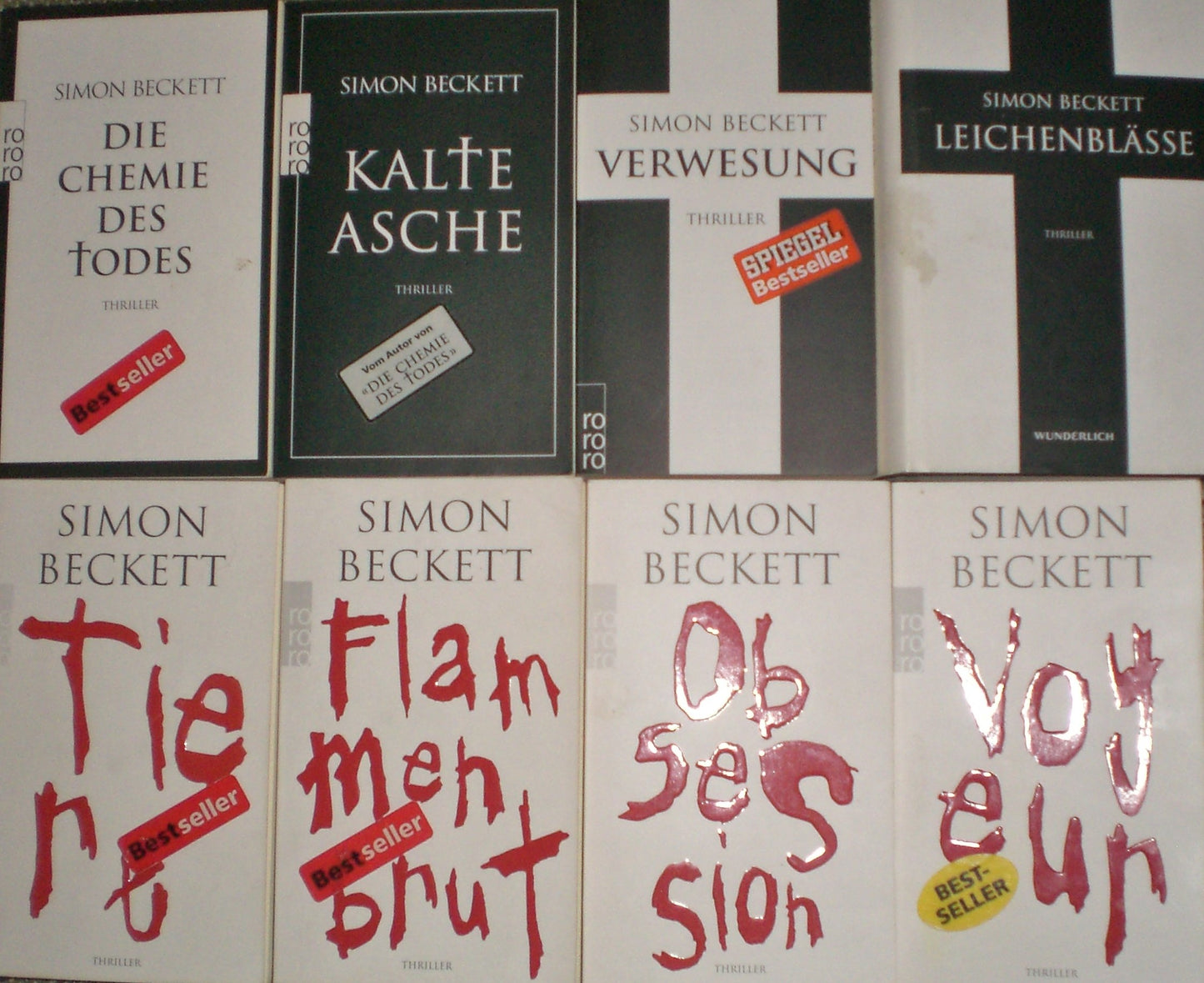 Simon Beckett - Thrilller 8 Taschenbücher, Die Chemie des Todes (Dr. David Hunter Roman) Verwesung (Dr. David Hunter Roman) Leichenblässe (Dr. David Hunter Roman) Kalte Asche (ein Dr. David Hunter Roman) Obsession + Voyeur + Flammenbrut + Tiere