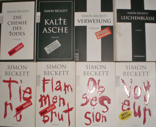 Simon Beckett - Thrilller 8 Taschenbücher, Die Chemie des Todes (Dr. David Hunter Roman) Verwesung (Dr. David Hunter Roman) Leichenblässe (Dr. David Hunter Roman) Kalte Asche (ein Dr. David Hunter Roman) Obsession + Voyeur + Flammenbrut + Tiere